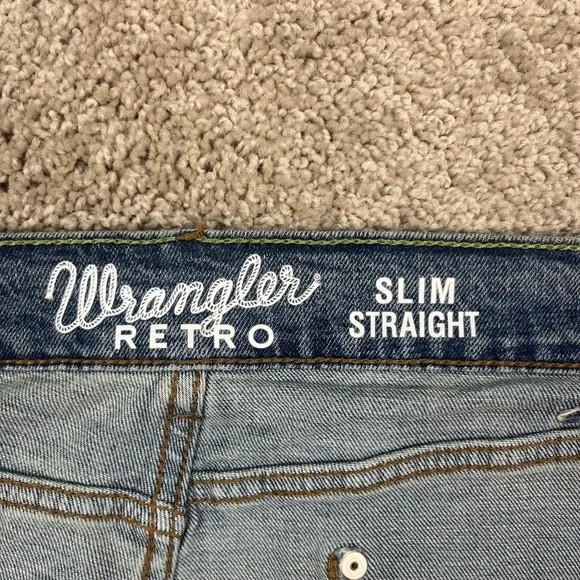 Wrangler Retro‎ Slim Straight Leg Jeans Mens 38x32 Denim Blue Distressed HOLE
